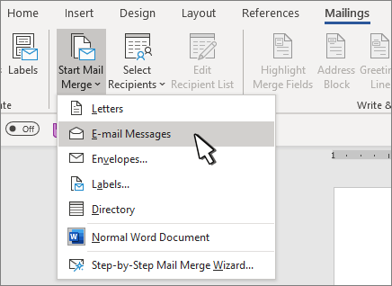 Navigating from Start Mail Merge to Email Messages in Word