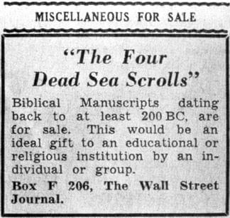 An advertisement published in The Wall Street Journal on June 1, 1954, offering four of the “Dead Sea Scrolls” for sale