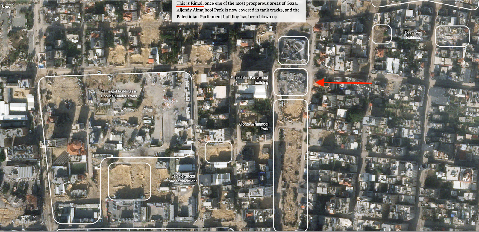 صورة أقمار صناعية تظهر حجم الدمار اللاحق بمبنى البرلمان الفلسطيني في غزة ومحيطه في حي الرمال