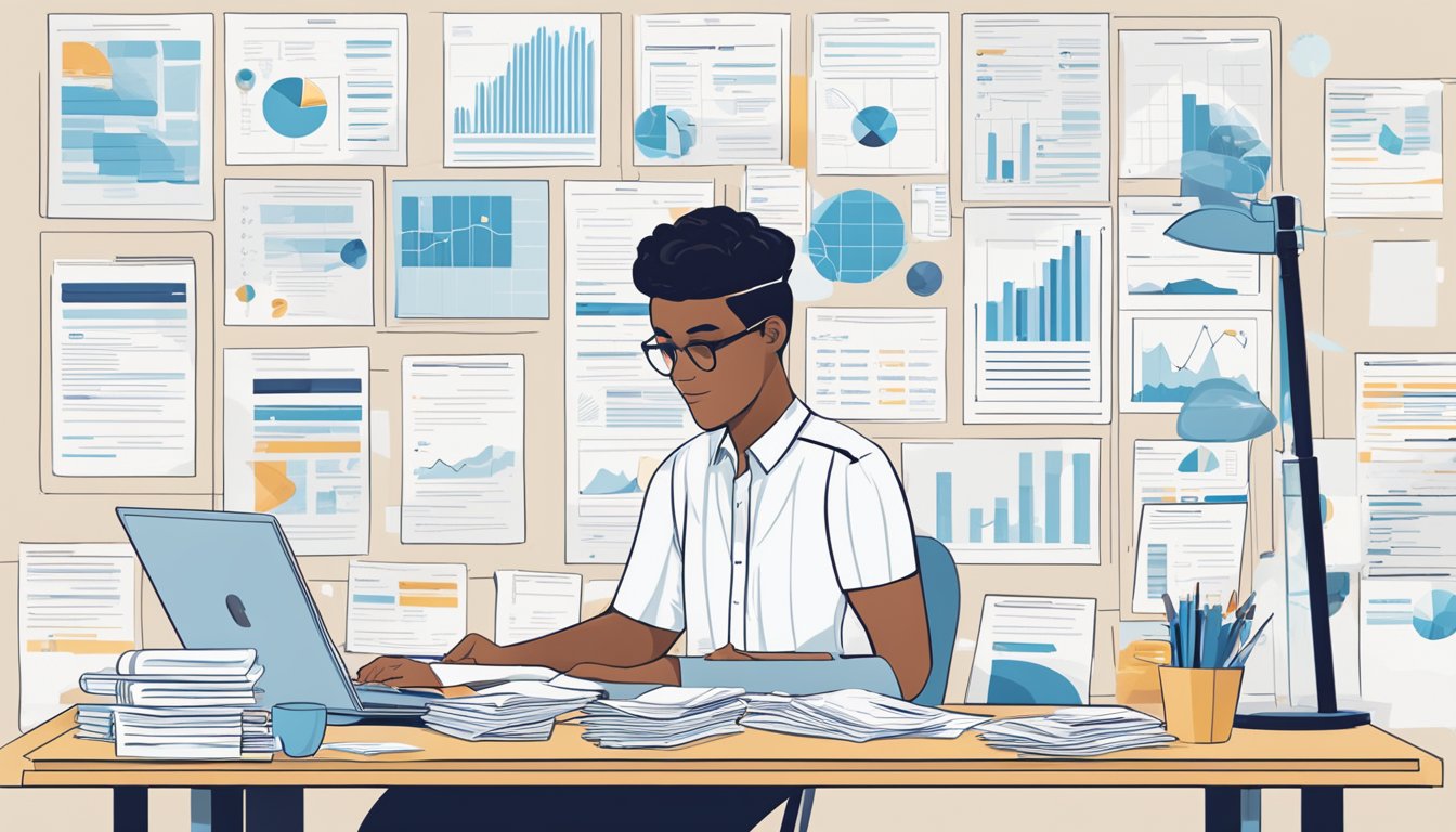 A person is sitting at a desk, surrounded by various Amazon PPC campaign data sheets. They are inputting and organizing information into bulk sheets for efficient campaign management