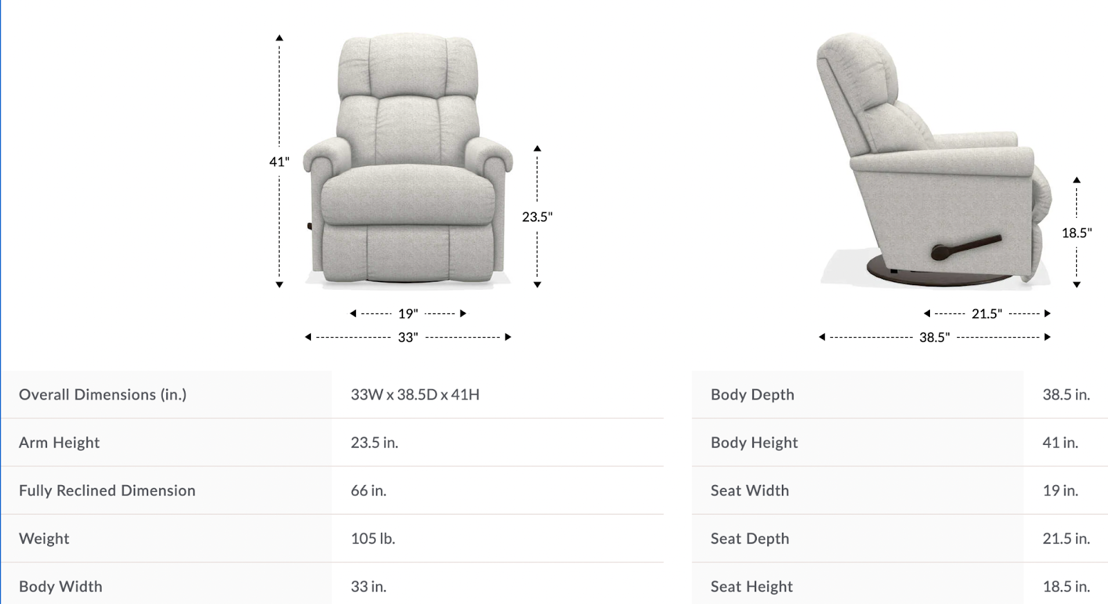 pinnacle gliding recliner dimensions