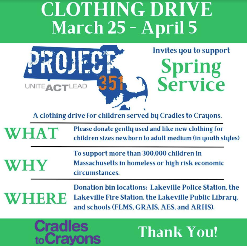 clothing drive March 25-April 5. Project 351 invites you to support spring service. a clothing drive for children served by Cradles to Crayons. What: please donate gently used and like new clothing for children sizes newbord to adult medium in youth styles. Why" To support more than 300,000 children in Massachusetts in homeless or high risk economic circumstances. Where: donation bin locations at all schools. Cradles to Crayons thank you.