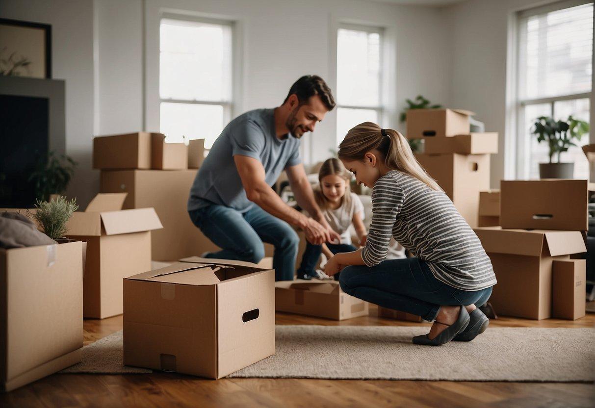 A family unpacks boxes and arranges furniture in a new home, children playing in the background, while parents organize and plan their new life
