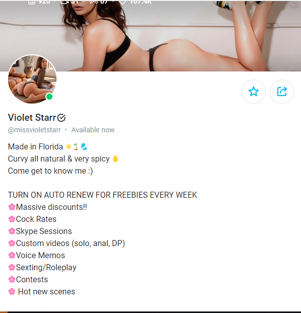 Violet Starrr OnlyFans Bio Description offering dick rating