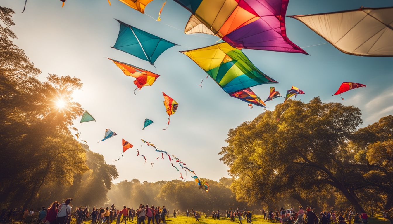 Families enjoying a vibrant kite festival in a sunlit park.