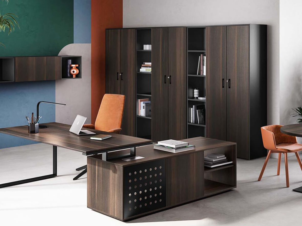 Executive desk and large modern cabinet with 6 doors and shelves