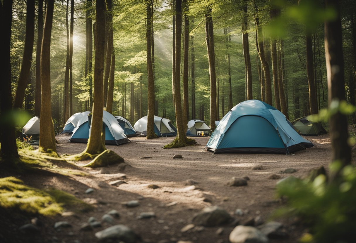 Campsite with tents on rock and gravel, surrounded by trees. Signs indicate designated camping areas. No visible impact on the natural landscape