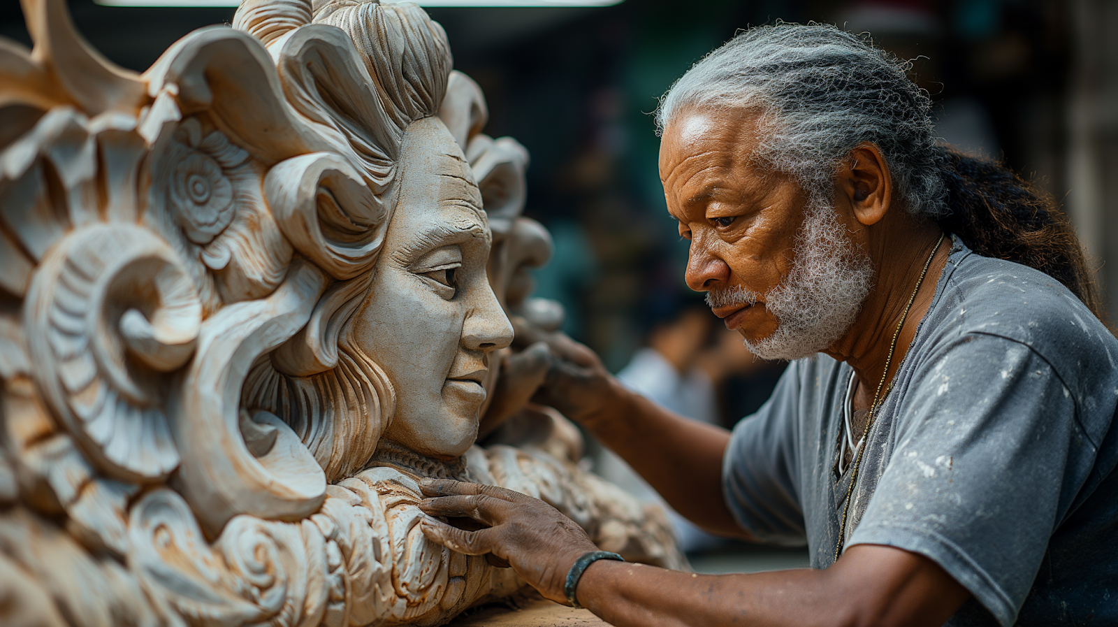 Artisan in a Rio workshop meticulously crafting traditional masks and costumes for the Carnival, showcasing their skill and creativity.