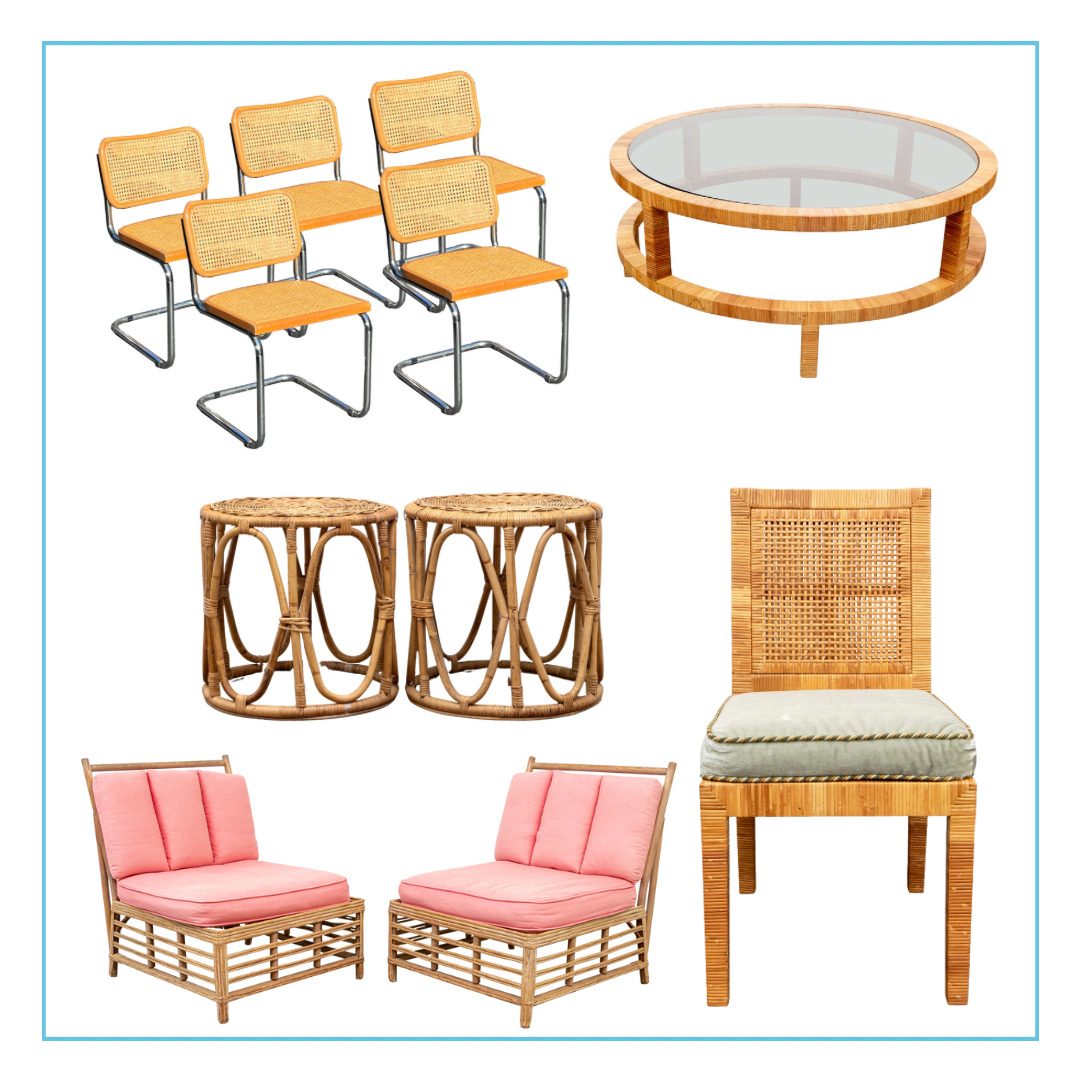 Lindsey's curation features mid-century modern rush chairs, wicker stools, a Bielecky Bros. N.Y. round rattan & glass cocktail table, mid-century rattan sun porch chairs, and a Bielecky Brothers NY single rattan chair with a secured seat cushion.