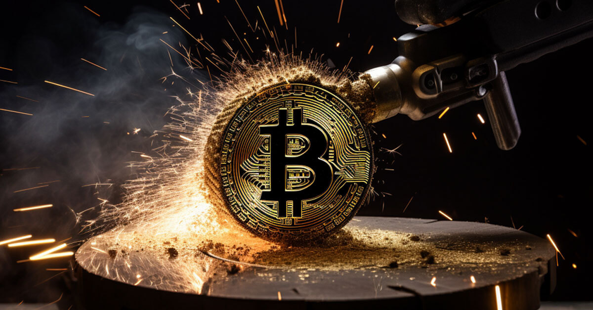 Bitcoin halving: A gold Bitcoin being shaved down with an angle grinder