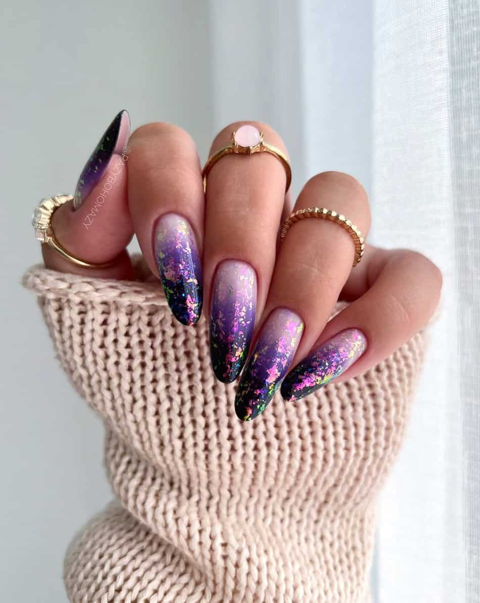 Black and Purple Ombre Nails w/ Glitter