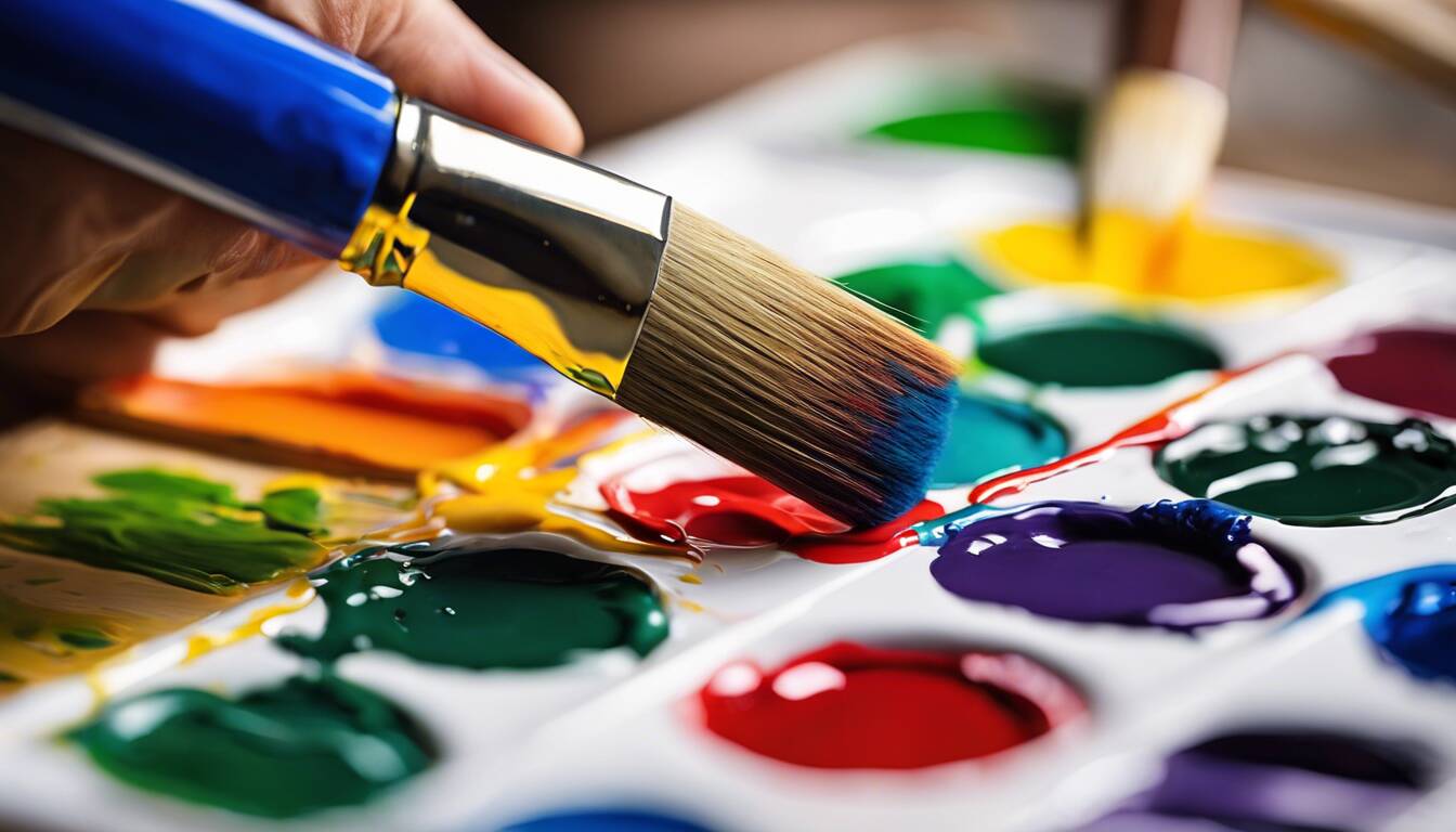 Man Using a Fine Paint Brush Mixing Variety Paint Colors