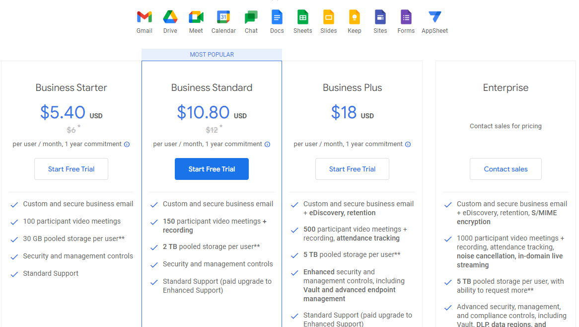 Pricing Plans for Google Calendar