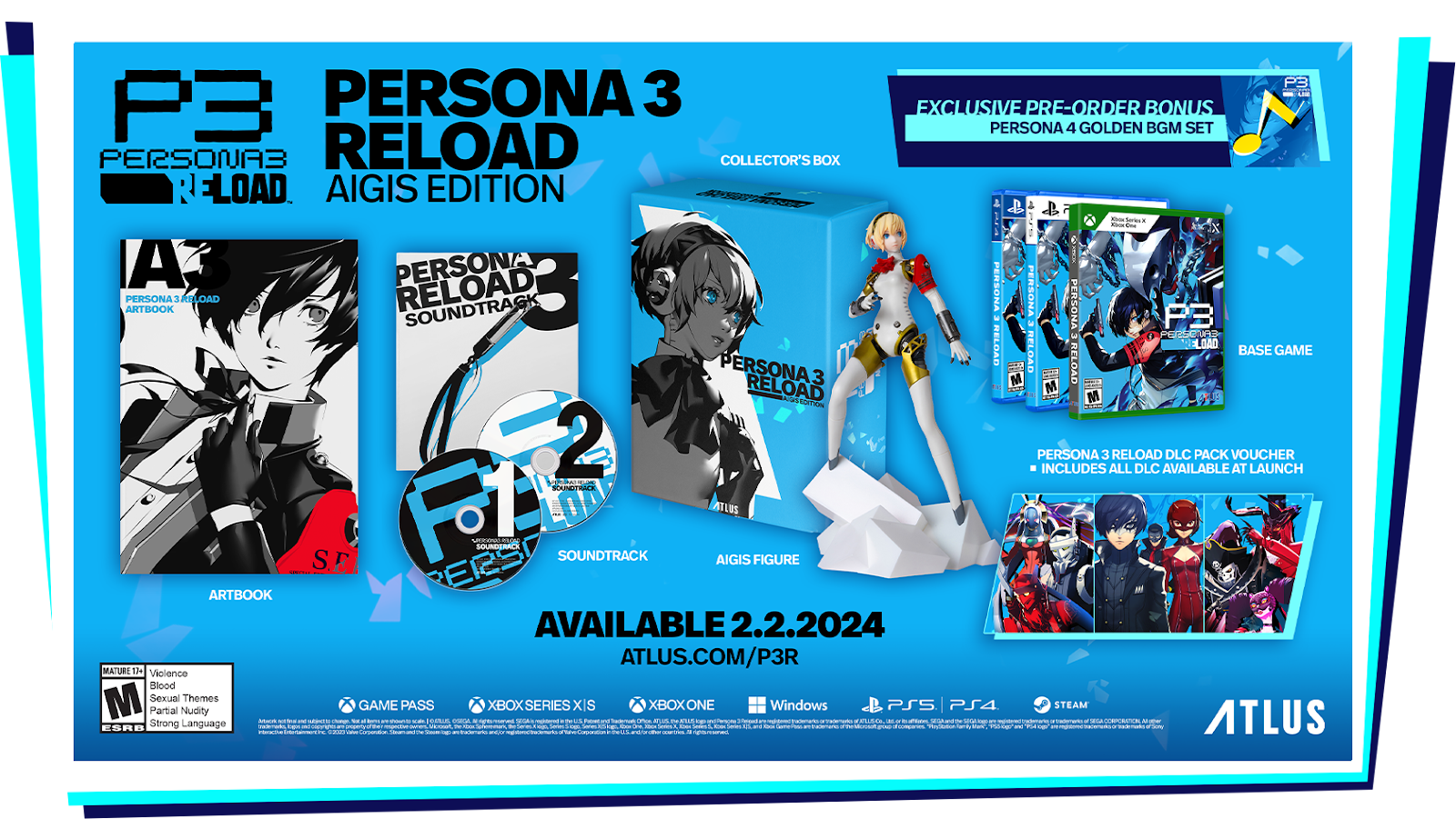 A promotional image showing what is included in the Aigis Edition of Persona 3 Reload. 