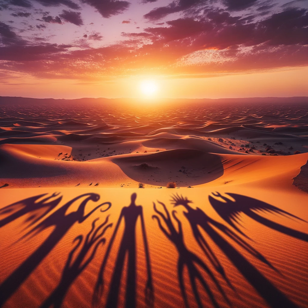 Photo of a vast desert landscape during sunset. The sky is painted in hues of orange, purple, and gold, casting a warm glow over the sand dunes. As the sun dips below the horizon, long shadows are cast upon the sand, revealing the outlines of mysterious creatures. Some shadows are serpentine, while others have multiple limbs or wings, hinting at the unseen beings that roam the desert.
