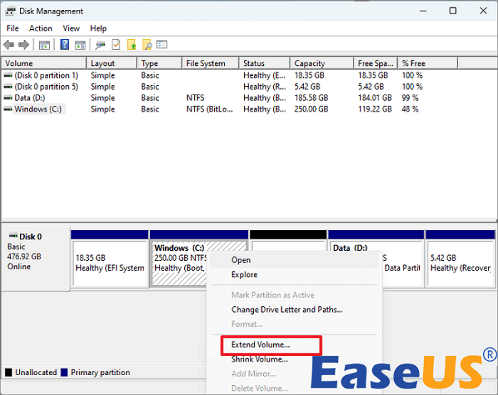 Extending C drive via disk management