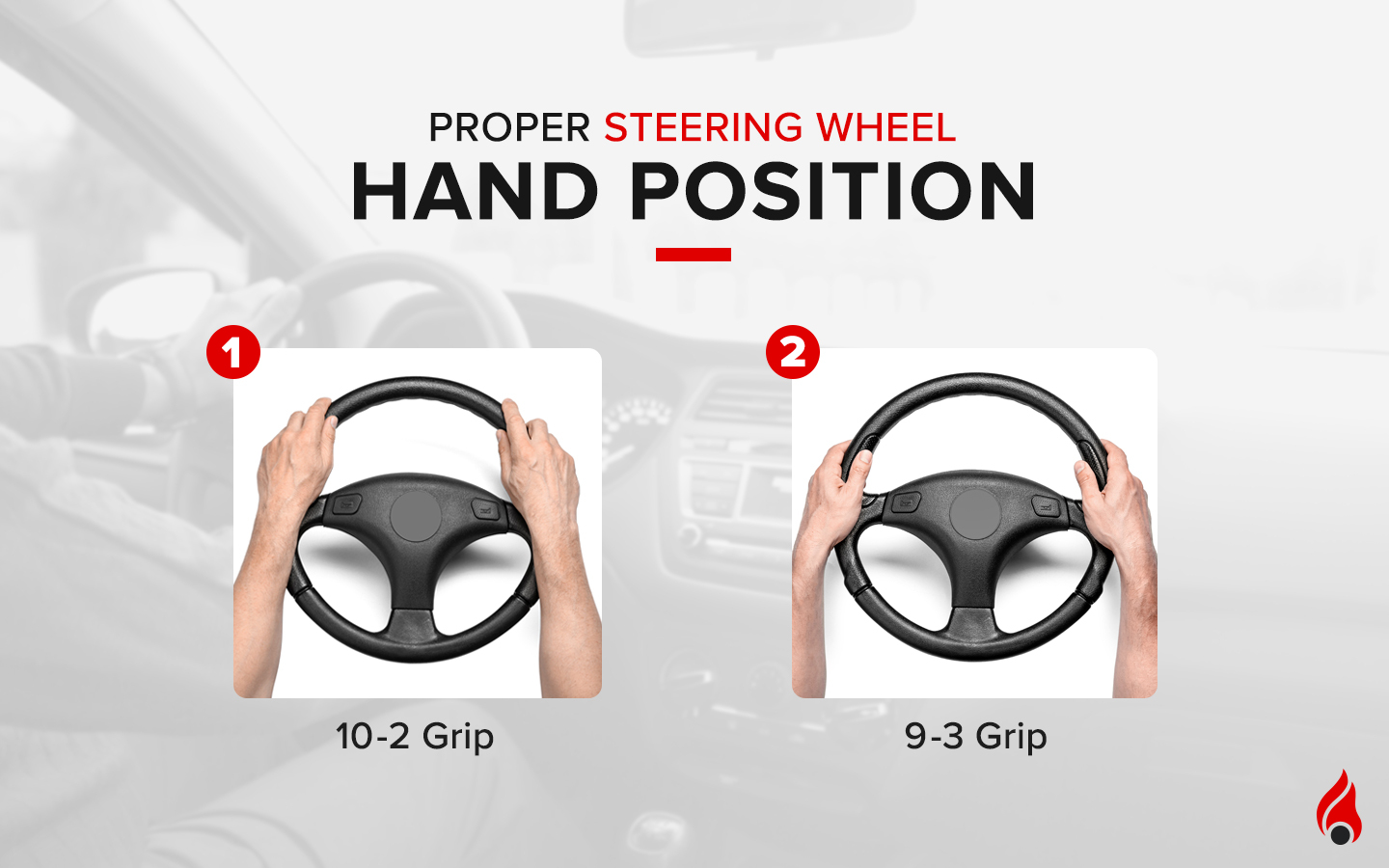 Two hand positions to hold the steering wheel properly