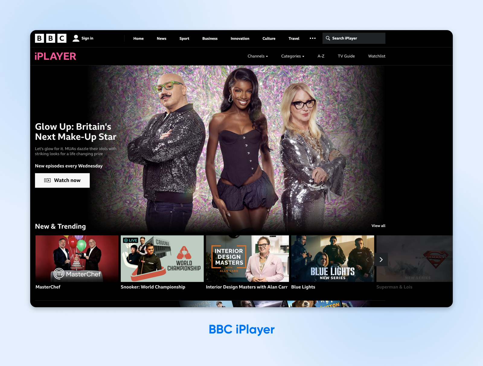 Página de inicio de BBC iPlayer con un programa destacado en la sección principal y programas "Novedades y tendencias" debajo.