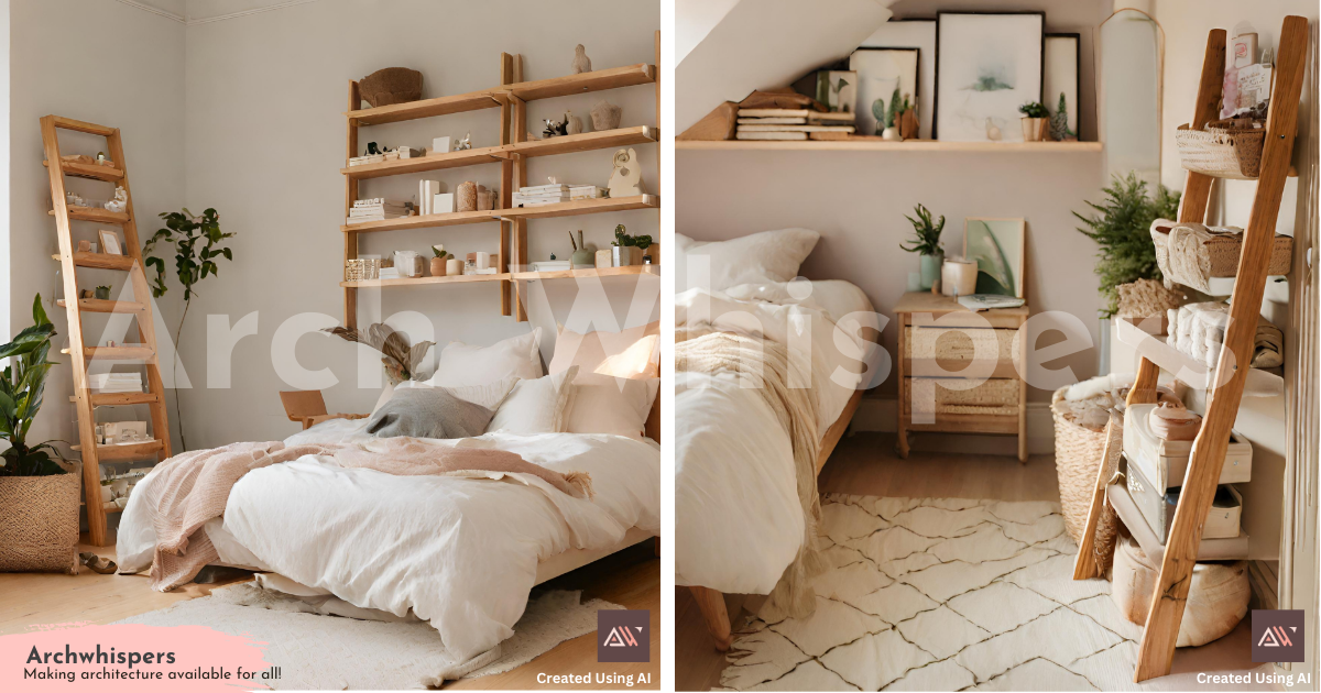 Bedroom With Bed and Shelves Made From Recycled Ladders.