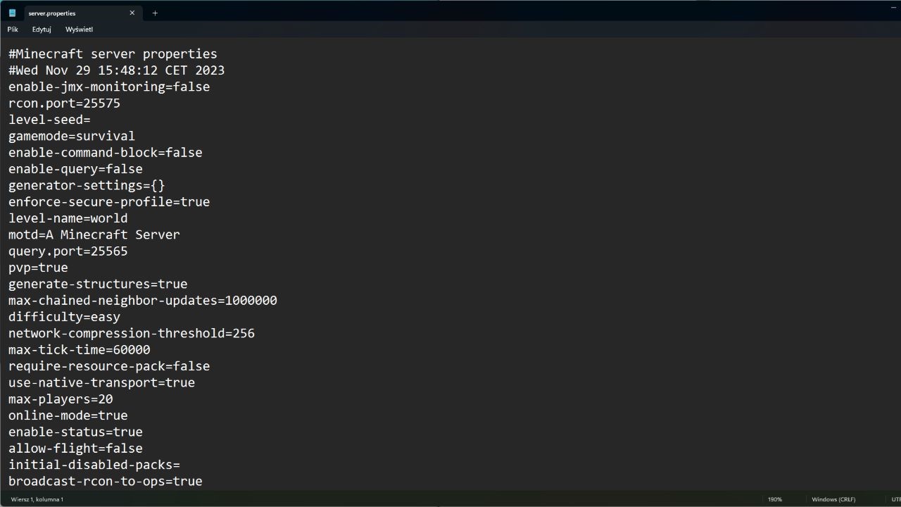 Plik server.properties z ustawieniacami serwera Minecraft