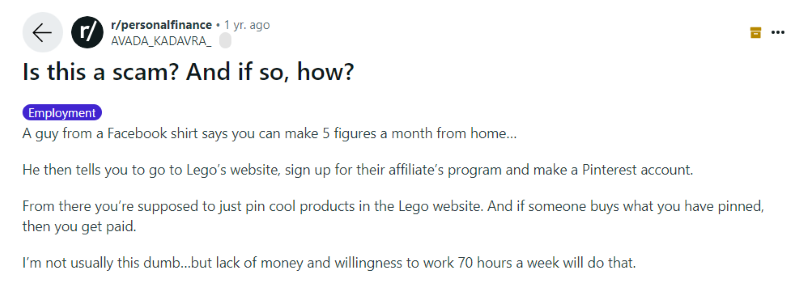 A person on Reddit asking others if the LEGO affiliate program is a scam. 