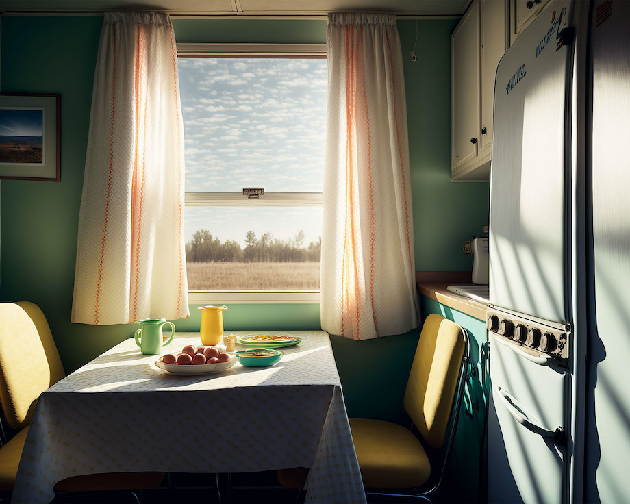 AI generated image of blue green country eat-in kitchen with yellow chairs, window view out to dry grass winter field and deciduous treeline, by Cincinnati-based food/drink photographer Teri Campbell.