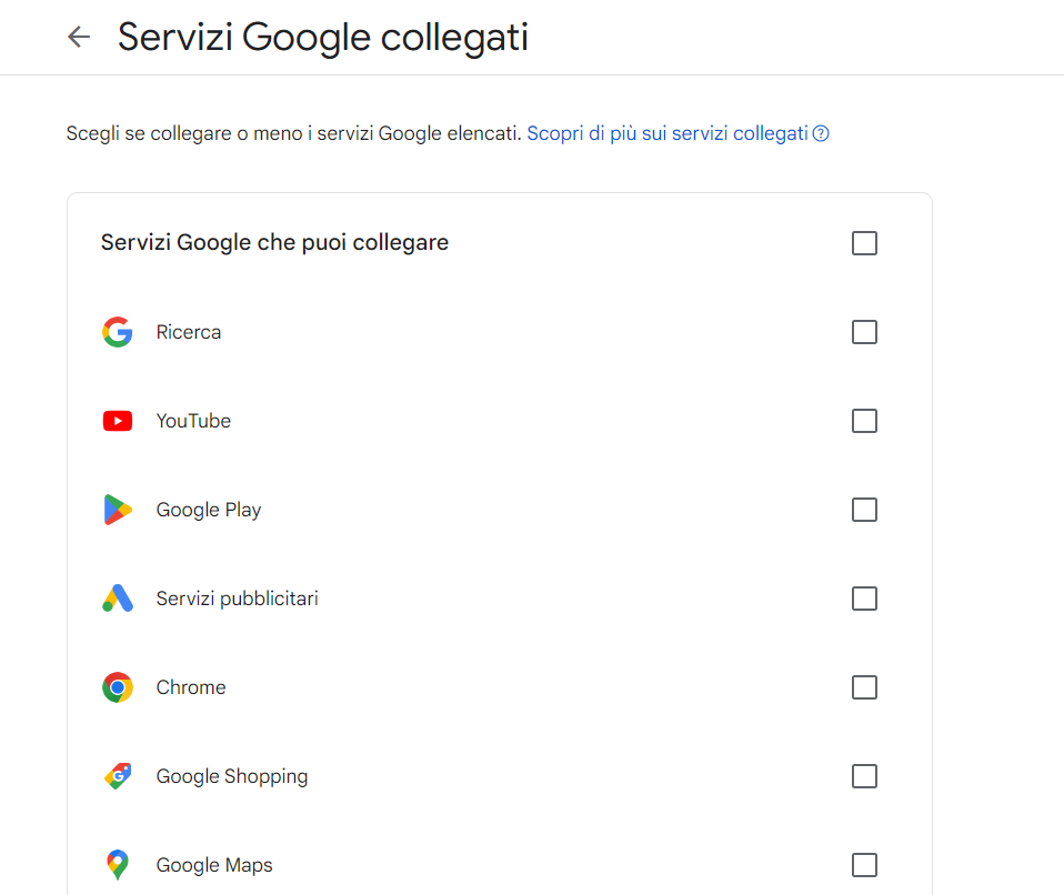 Servizi Google che l'utente può decidere o meno di collegare