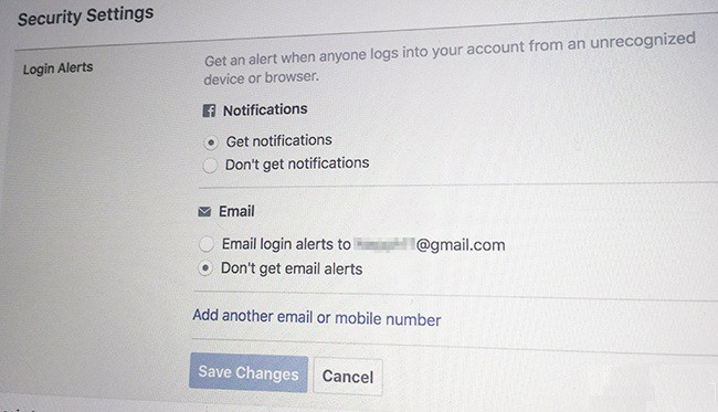 Settings section of Facebook login notification feature