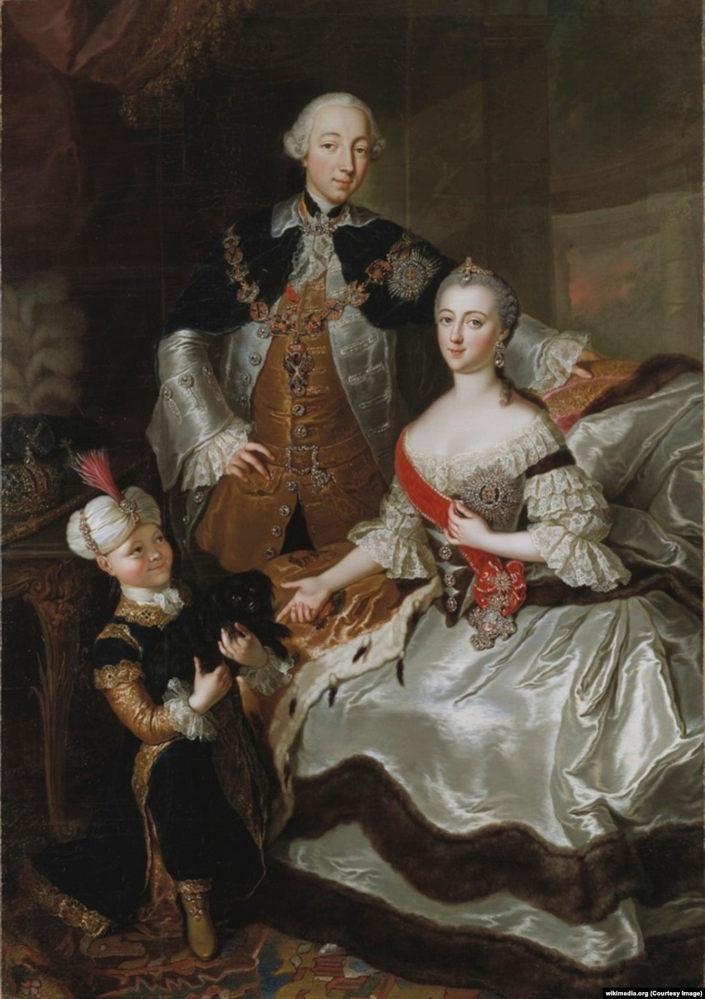 Петро ІІІ, Катерина ІІ та їхній син, майбутній імператор Павло І, картина Анни де Гаск, 1765 рік