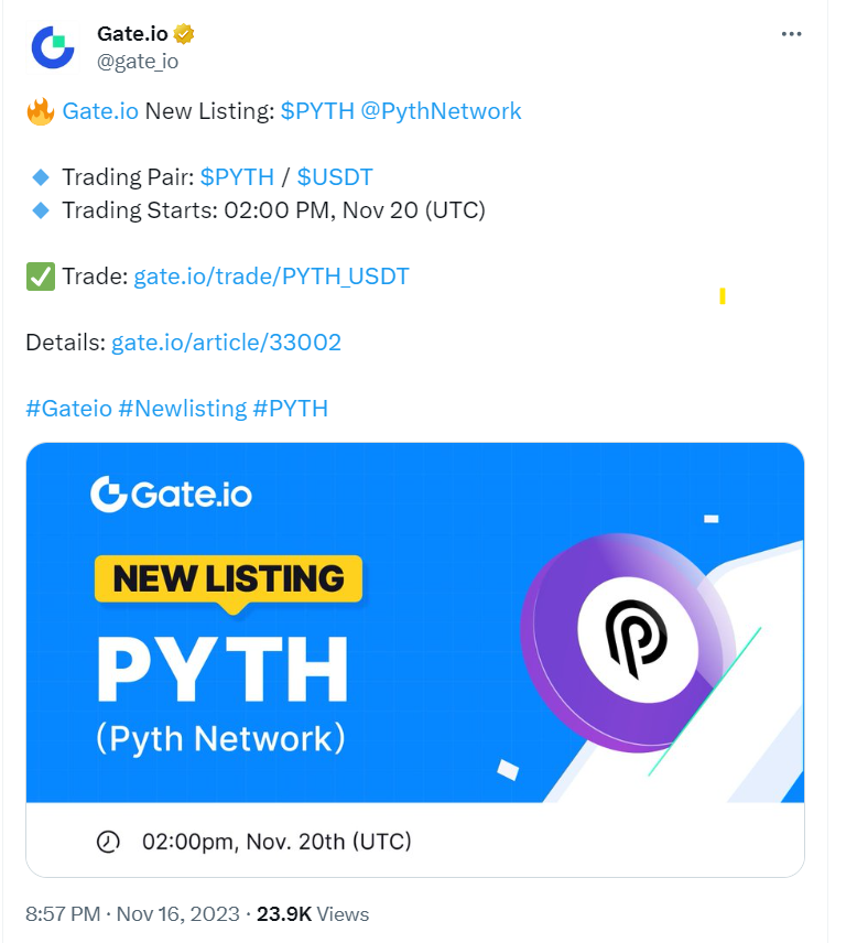 Gate.io, Leading Crypto Exchange to Start PYTH Trading Soon 