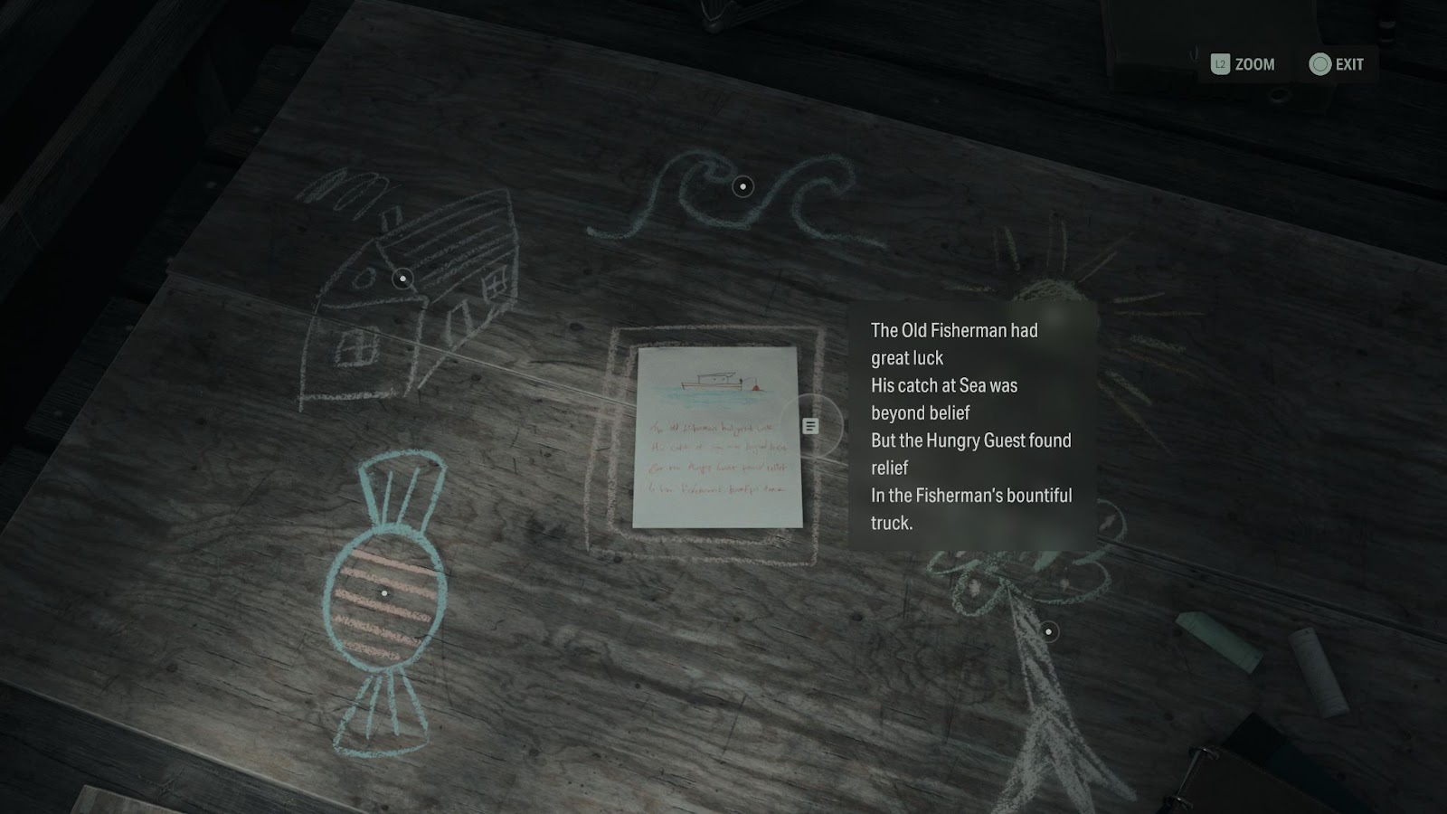 An in game screenshot of the Lighthouse Trailer Park nursery rhyme  in Alan Wake 2. 