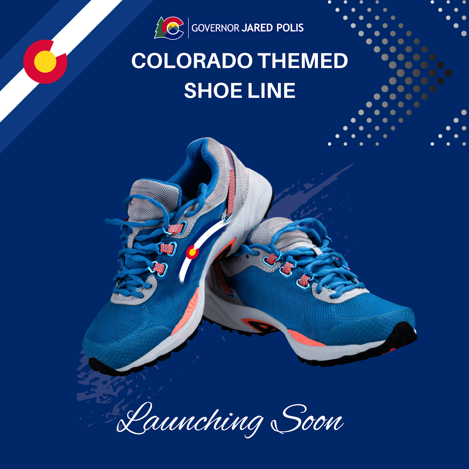 Colorado-themed shoe line. Blue outdoor shoes with orange and white color accents with Colorado logo