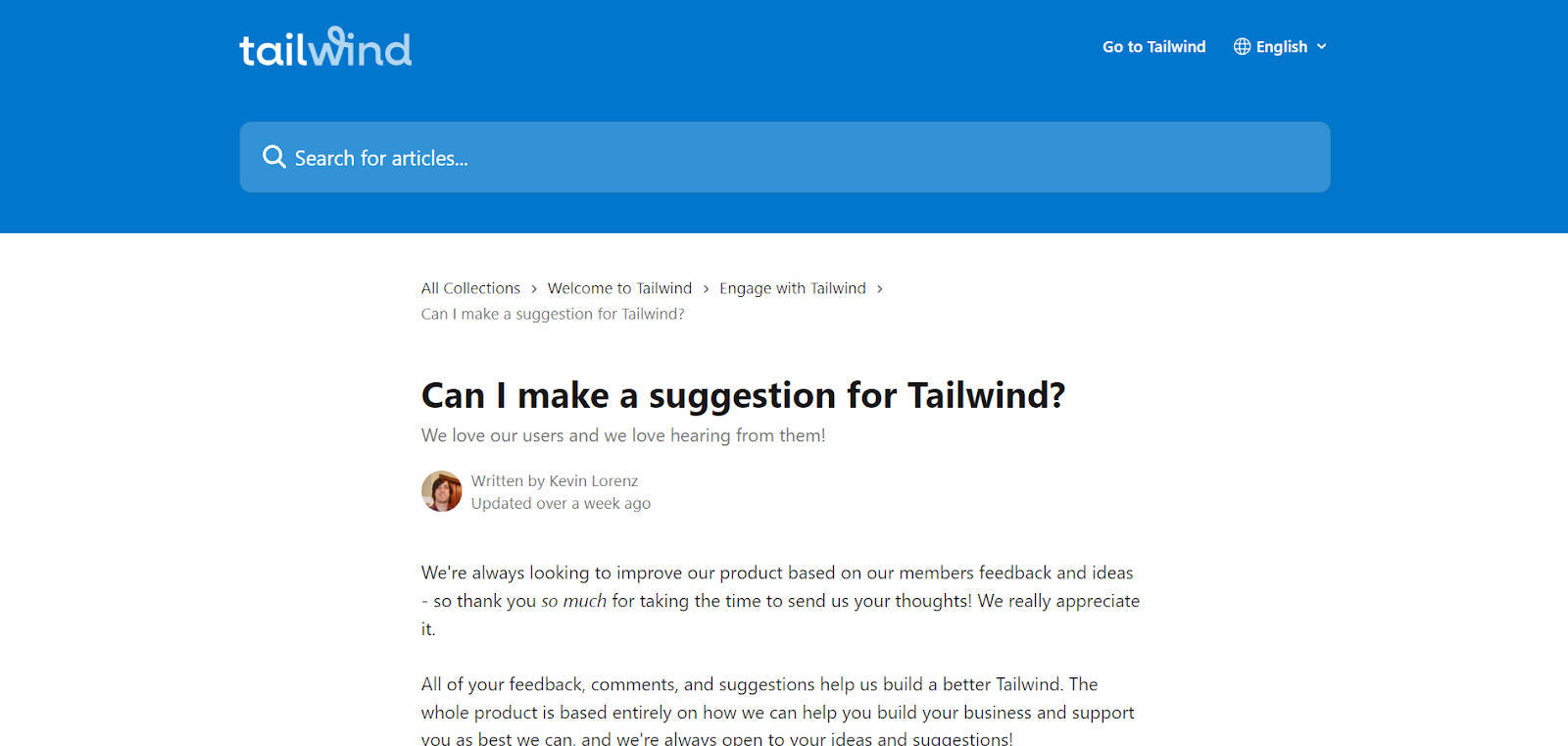 Tailwind App customer suggestion form