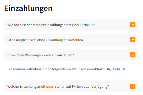 FXNovus Zahlungsmethoden Währungen