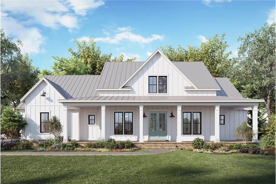 Image of a modern farmhouse with beautiful front porch, 4 bedrooms, 3 baths, 3-car garage, and over 2700 square feet of living space