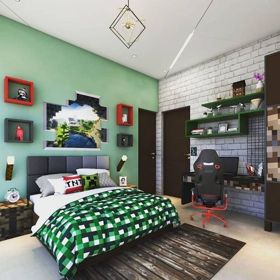Desain kamar gaming dinding cat hijau 