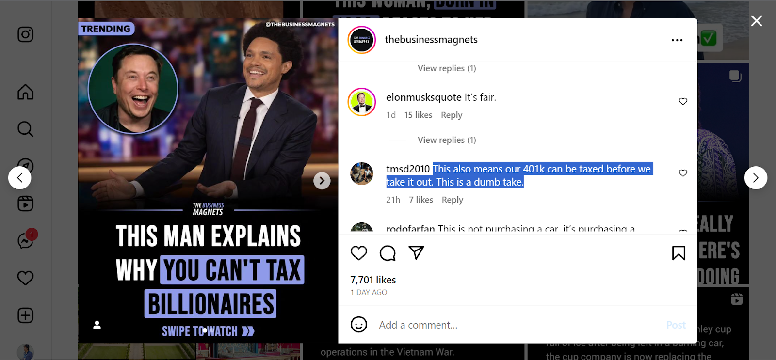 Highlighting Instagram comment on Desktop.