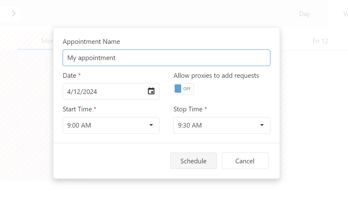 Appointment details window. Name of appointment, date time, and added proxies.