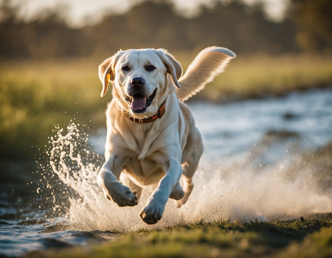 a labrador retriever jogging alongside the water