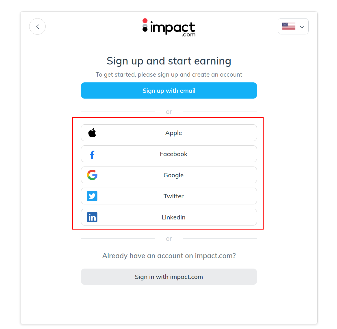 Impact Radius: Sign up page step 1