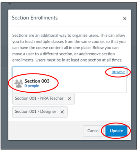 screenshot of "Section Enrollments" window