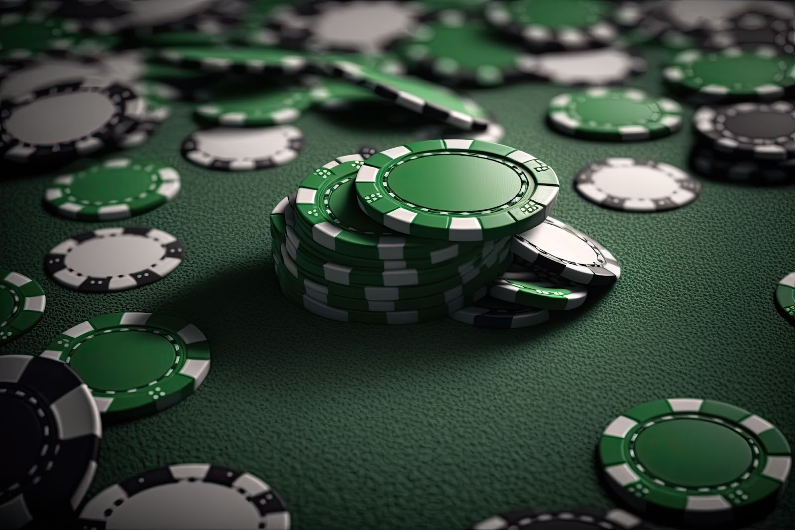 Green and white casino chips scattered on a green felt surface.