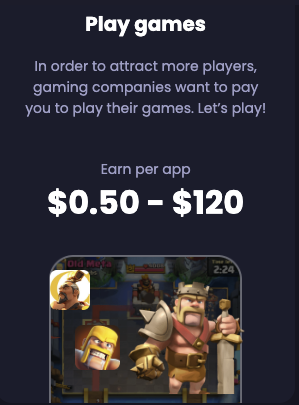 The Freecash website showing that you can earn 50 cents to $120 for participating with different gaming apps. 