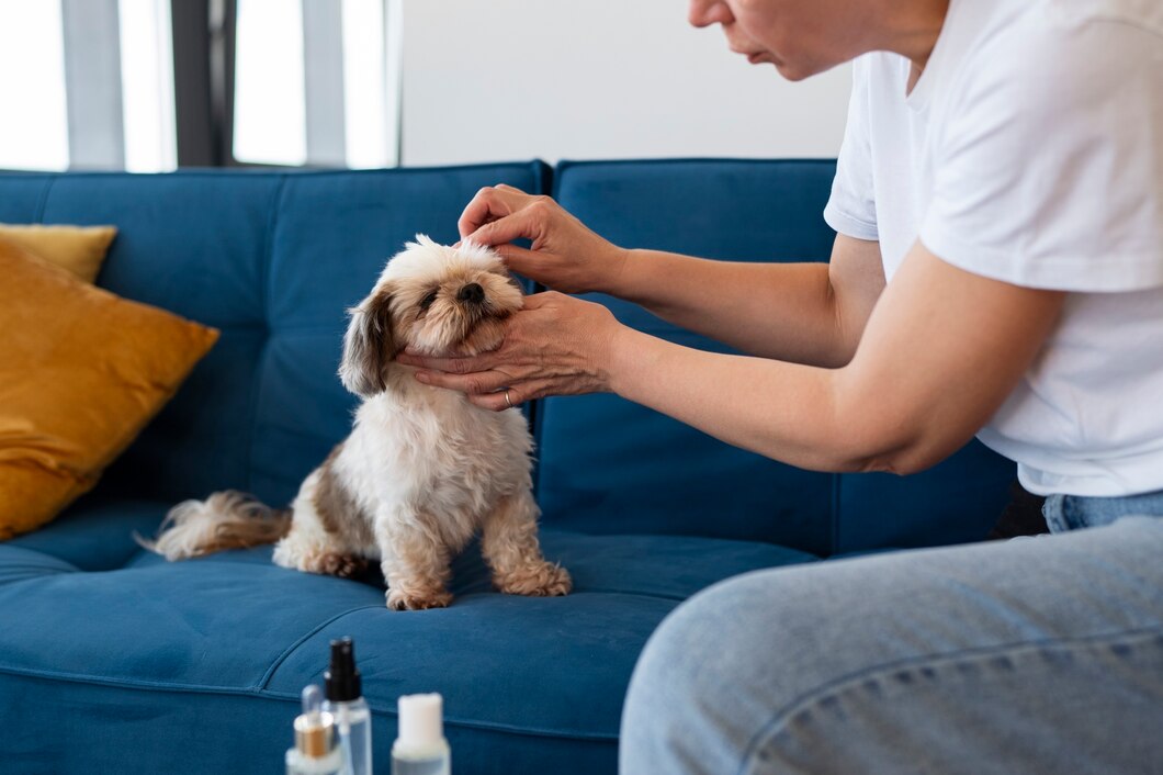 Side view woman cleaning dog