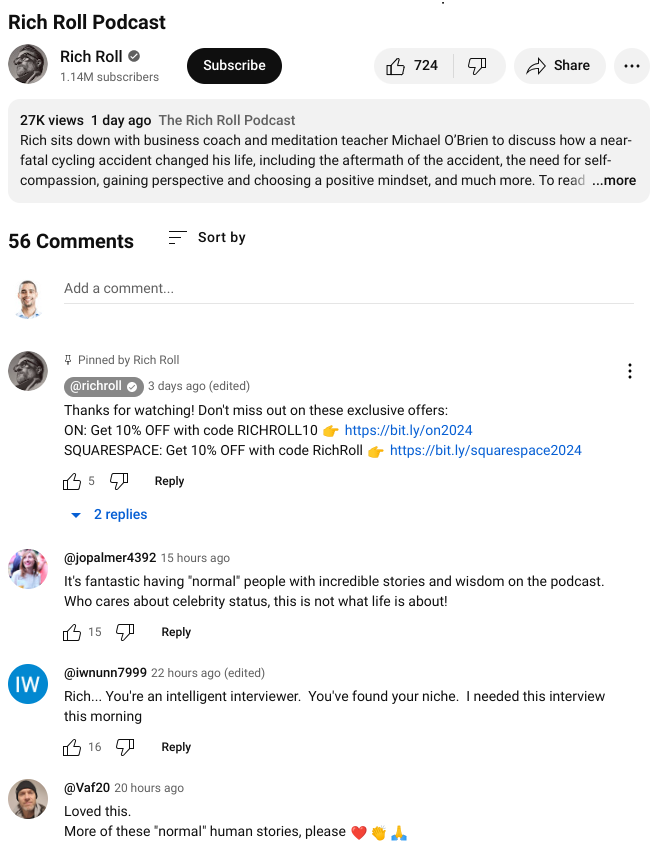 Positive comments on Rich Roll's YouTube video