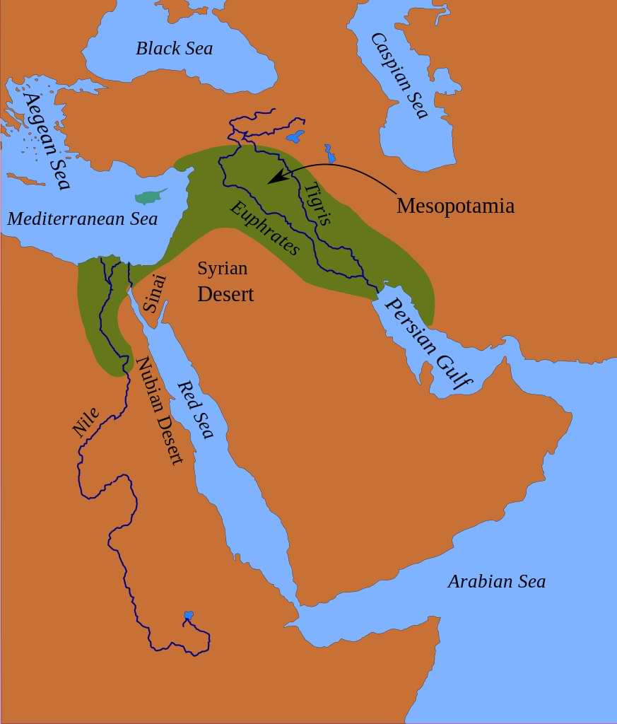 A map of the Fertile Crescent including the location of ancient Mesopotamia between the Tigris and Euphrates rivers