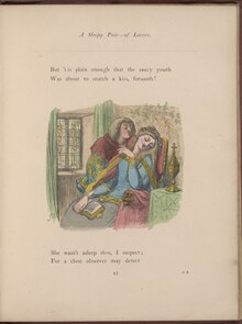 book page with story text and color illustration of prince leaning to kiss Sleeping Beauty while her head is turned away.