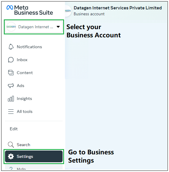 Meta Business Suit- Select your business account- Verify Your Facebook Business