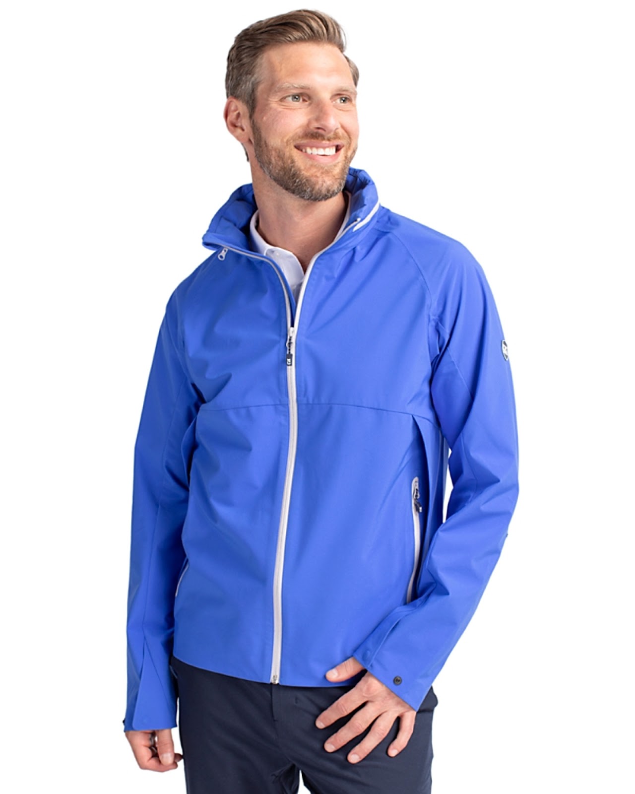 Man wearing Cutter & Buck Vapor Water Repellent Stretch Mens Full Zip Rain Jacket in Chelan or Blue