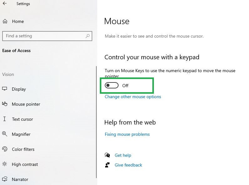 Open Mouse Setting and Turn off the Control Your Mouse With a Keypad 